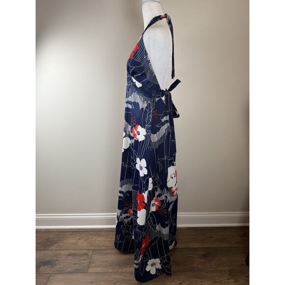 Vintage Hawaii Nei Blue Red Knit Hawaiian Floral 70’s Maxi Gown Halter Dress 14 - Picture 4 of 11